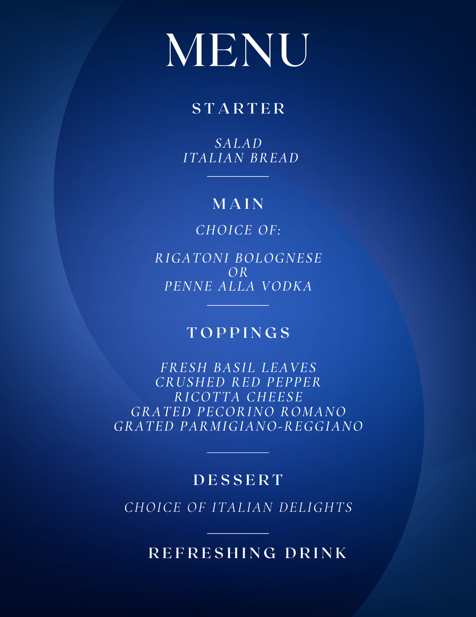 STD PASTA BAR Menu